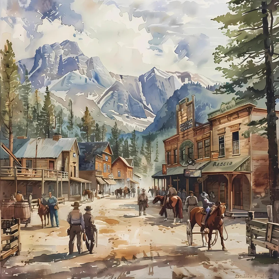 Watercolor painting of Wild West town with wooden buildings, mountains, and cowboys on horses