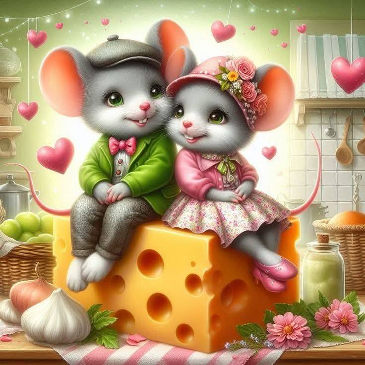 Two cute cartoon mice dressed in green and pink sitting on yellow cheese with hearts and flowers