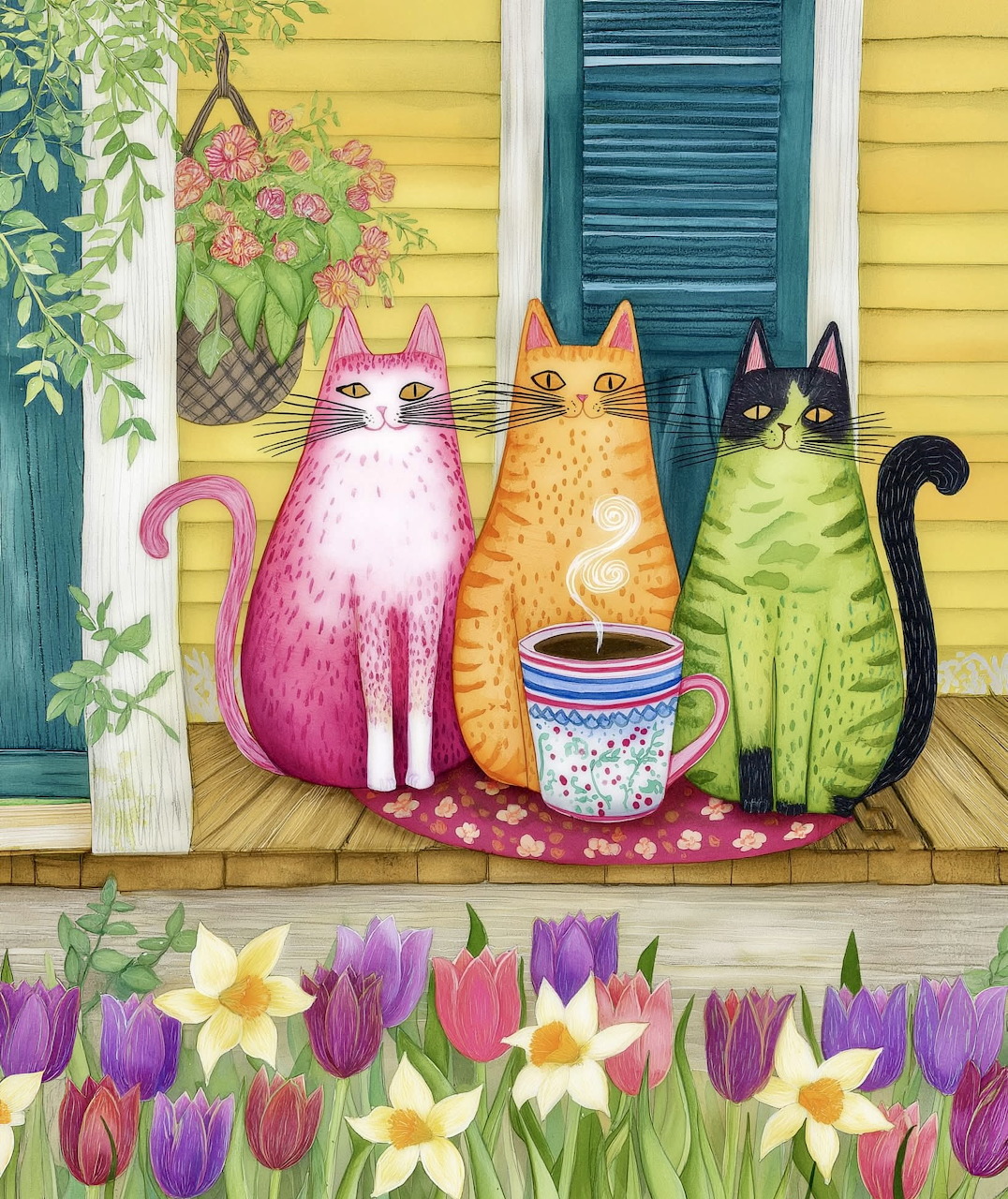 Three colorful decorative cats on a yellow porch with flowers and a mug