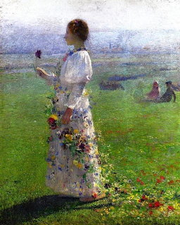 Impressionist painting of woman in white dress with flowers standing in green field