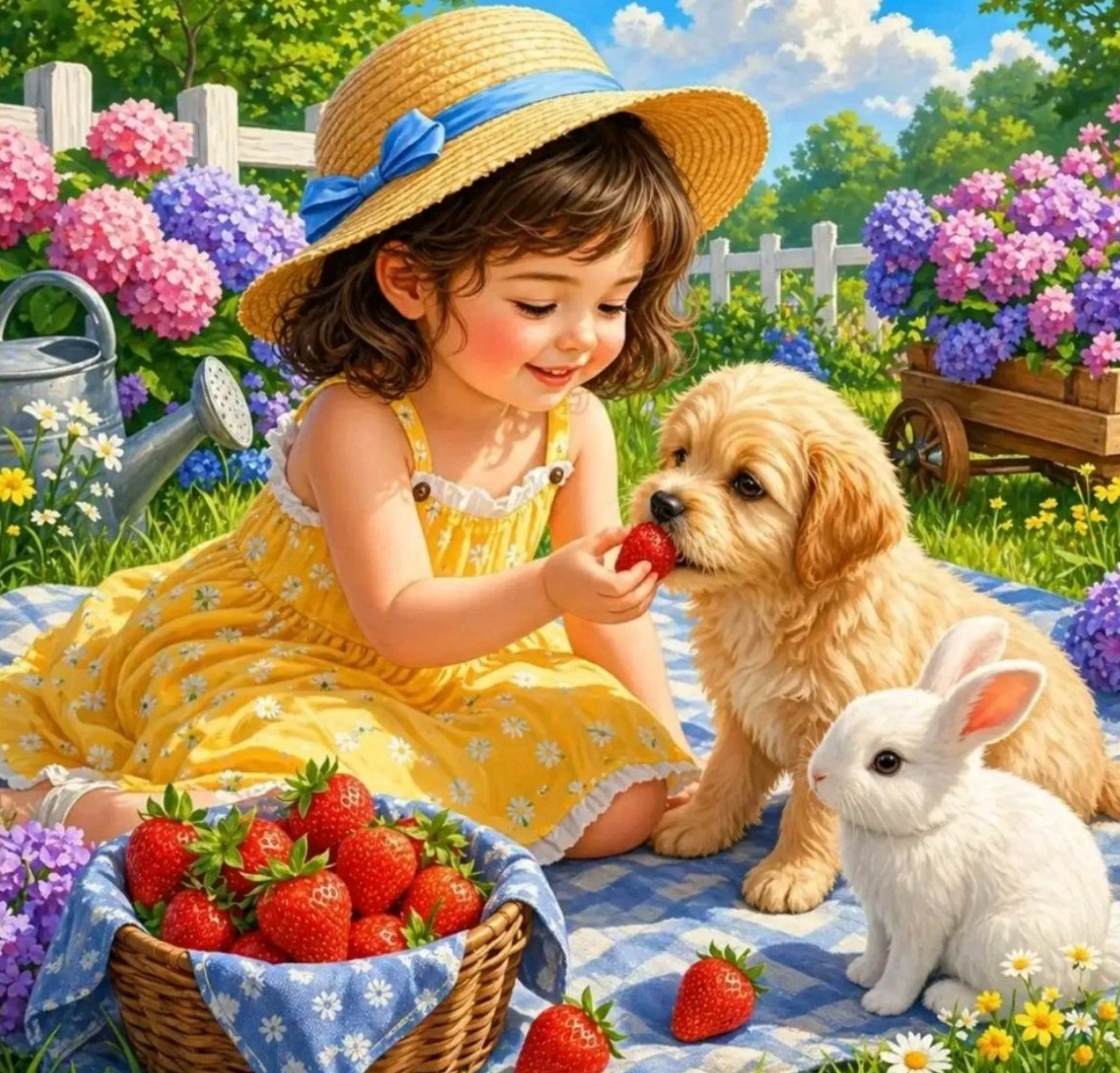 Girl with Puppy and Bunny