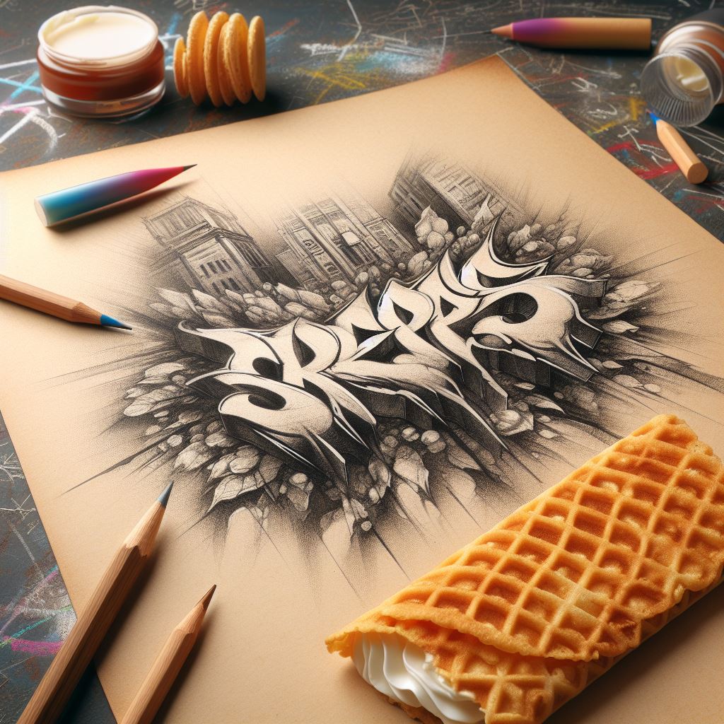 Graffiti-style drawing on paper with colored pencils and a wafer roll dessert