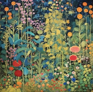 Detailed floral garden painting with colorful flowers and tall leafy plants