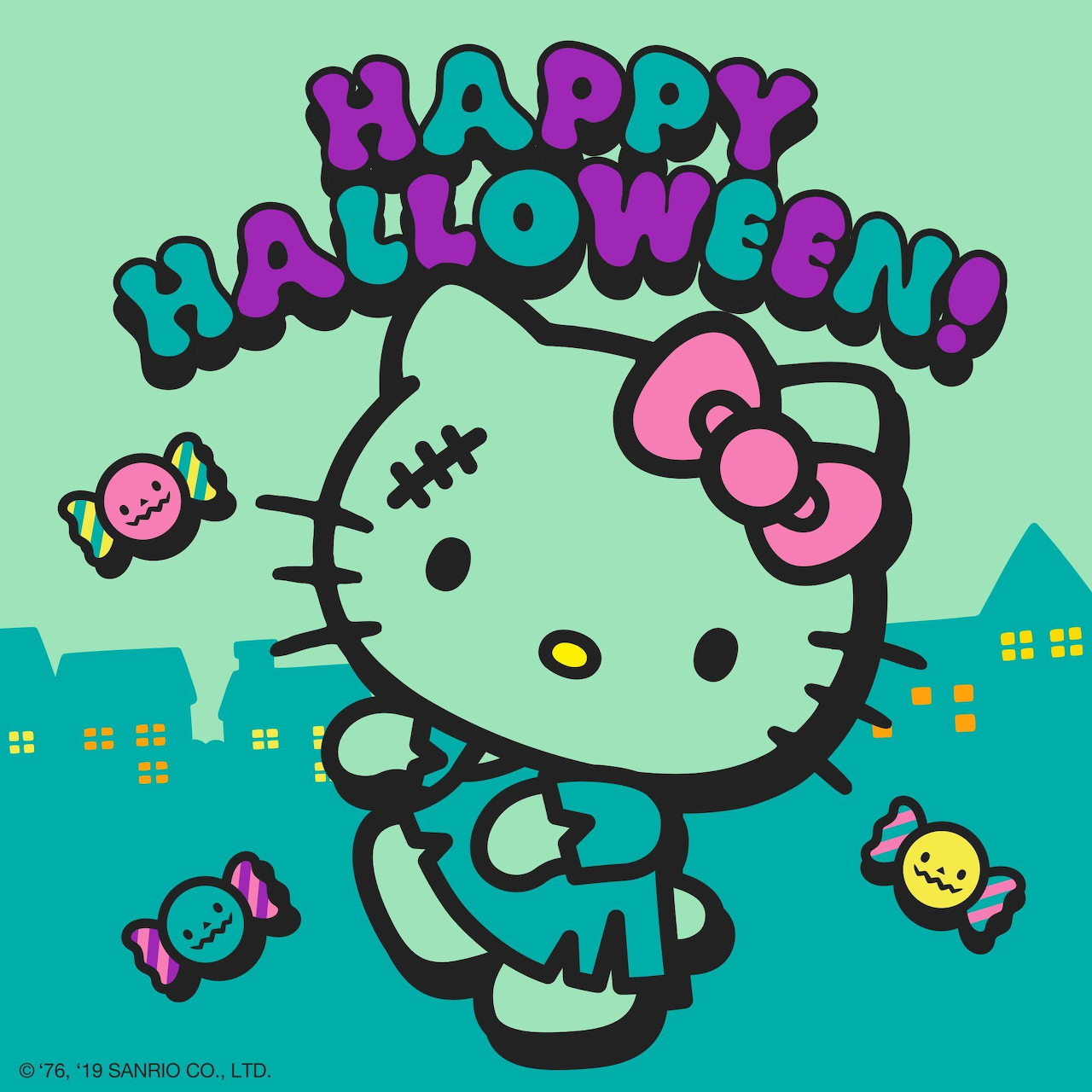 Hello Kitty Halloween cartoon with candy and Happy Halloween text on turquoise background