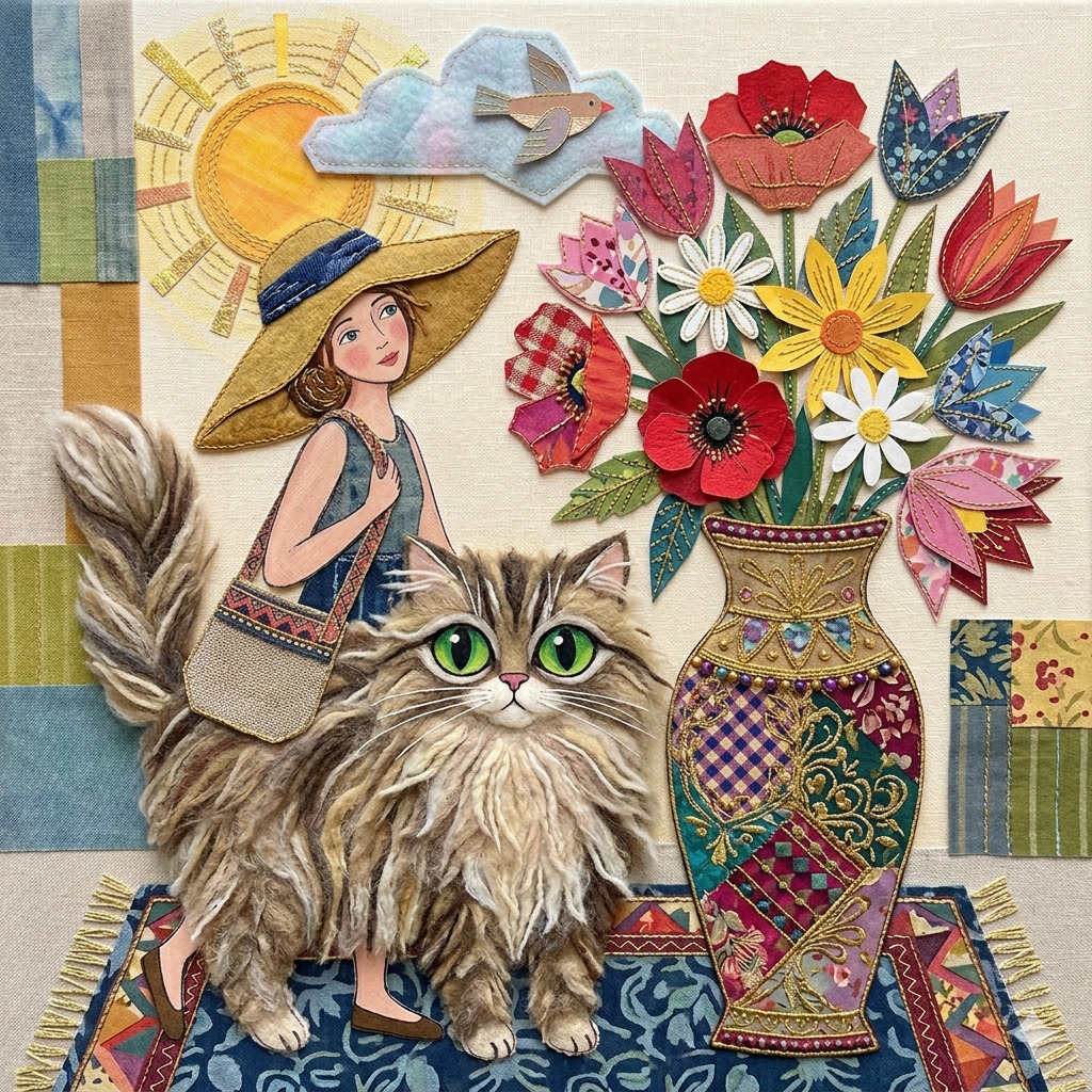 Gray fluffy cat next to ornate vase with colorful flowers on patterned surface