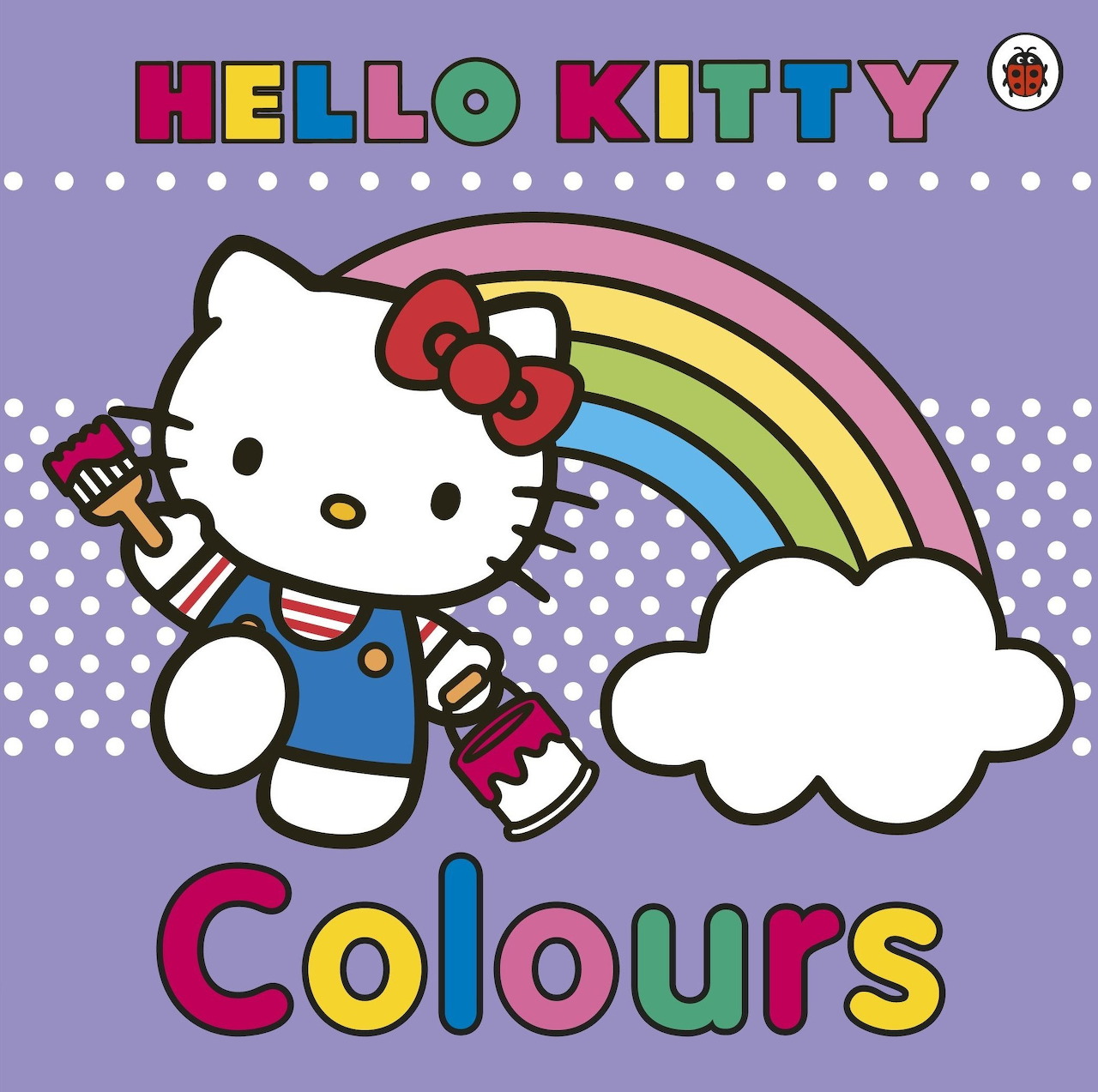 Hello Kitty standing with rainbow and white cloud on purple dotted background