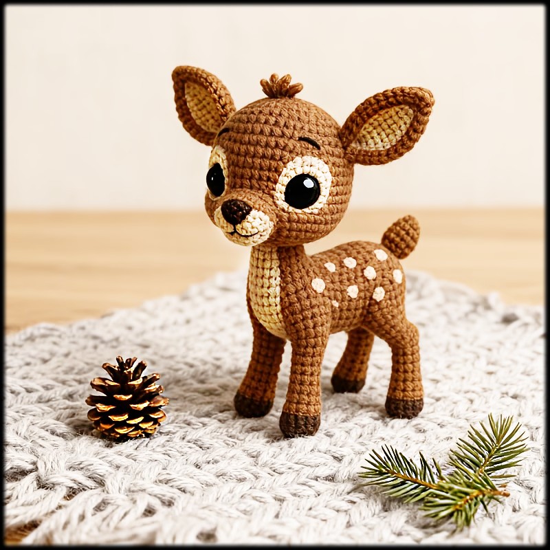 Brown crocheted fawn figurine with white spots standing on white fabric beside pine cone and green pine needles