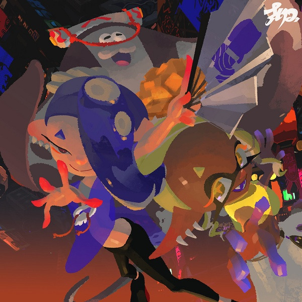 Stylized Splatoon artwork featuring Deep Cut characters in a dynamic group pose