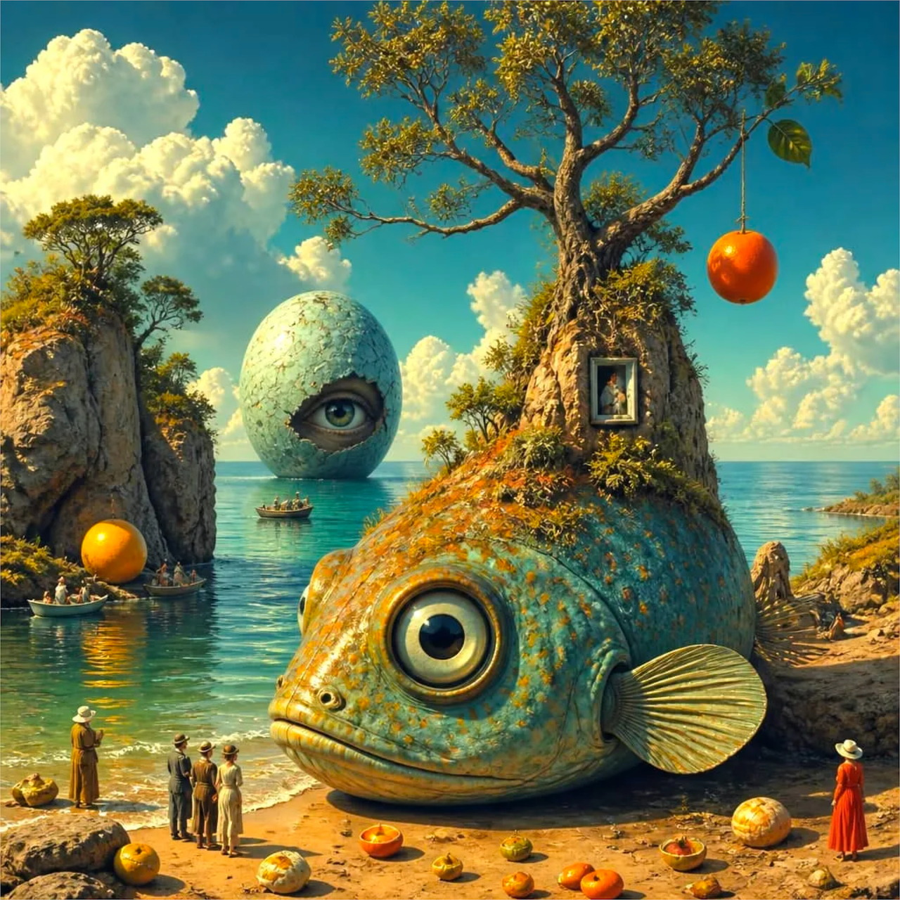 Surreal painting of a giant fish on a beach with a tree and a large egg-shaped form in the sea