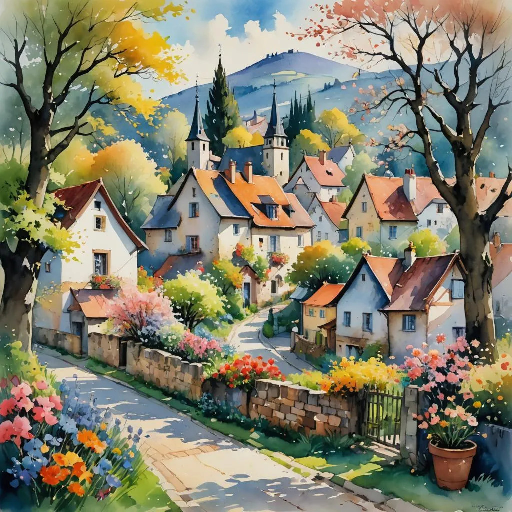 Watercolor painting of a picturesque village with cottages, flowering gardens, church towers, and distant mountains