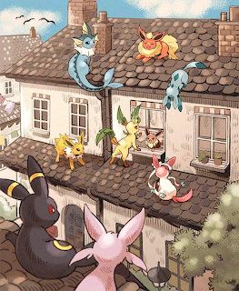 Anime illustration of Pokemon characters sitting on tiled rooftops of village houses with chimneys and windows