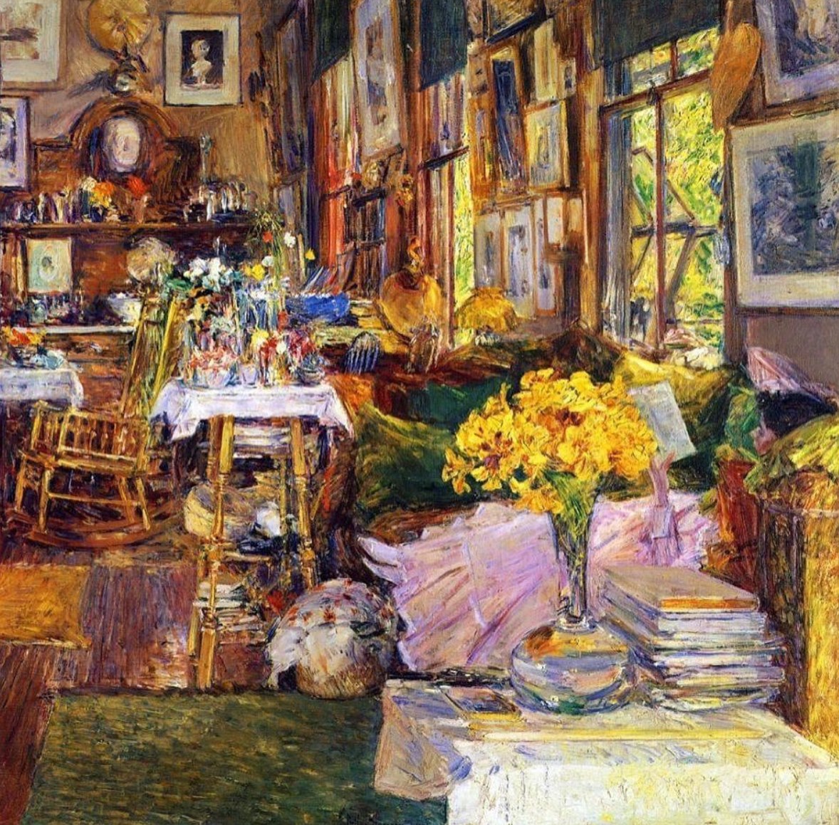 Impressionist painting of sunlit room with yellow flowers on table and warm golden light from windows