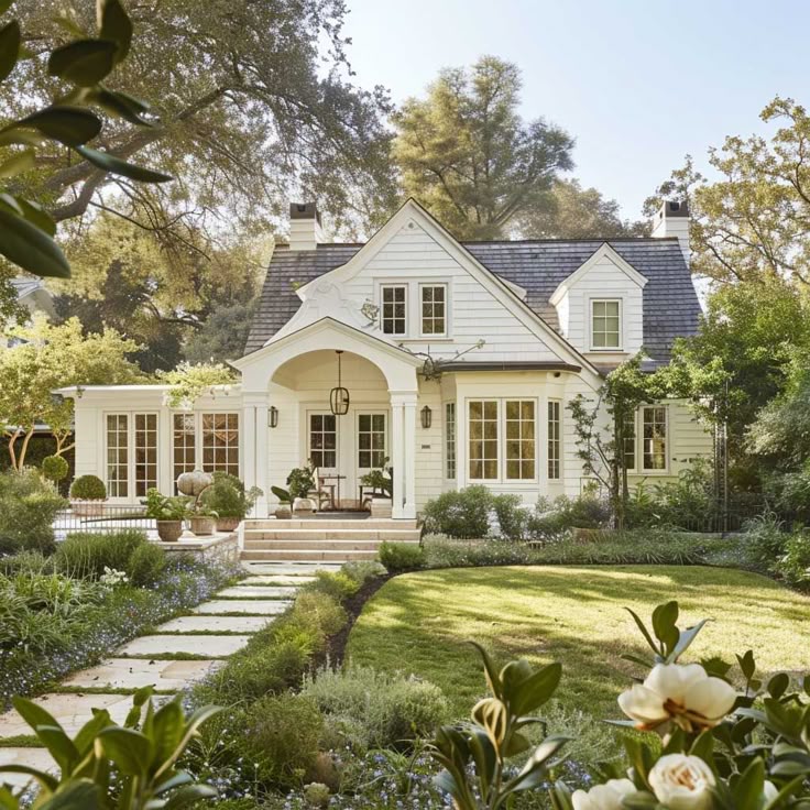 White house with dormer windows, a green lawn, and a landscaped garden path