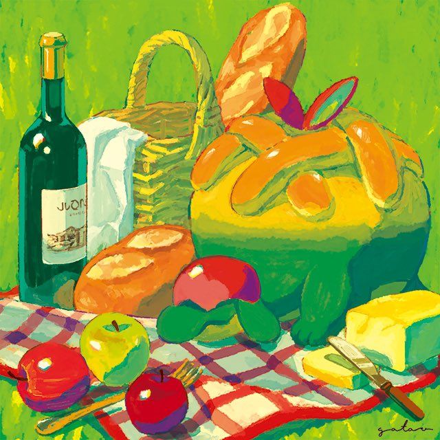 Colorful painting of Appletun with bread, apples, butter, and a wine bottle on a picnic table