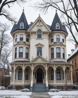 Ornate Victorian mansion with twin turrets and a covered porch framed by bare winter trees.