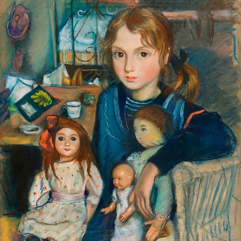 Portrait painting of young girl in blue dress with braided hair holding dolls, 1920s style