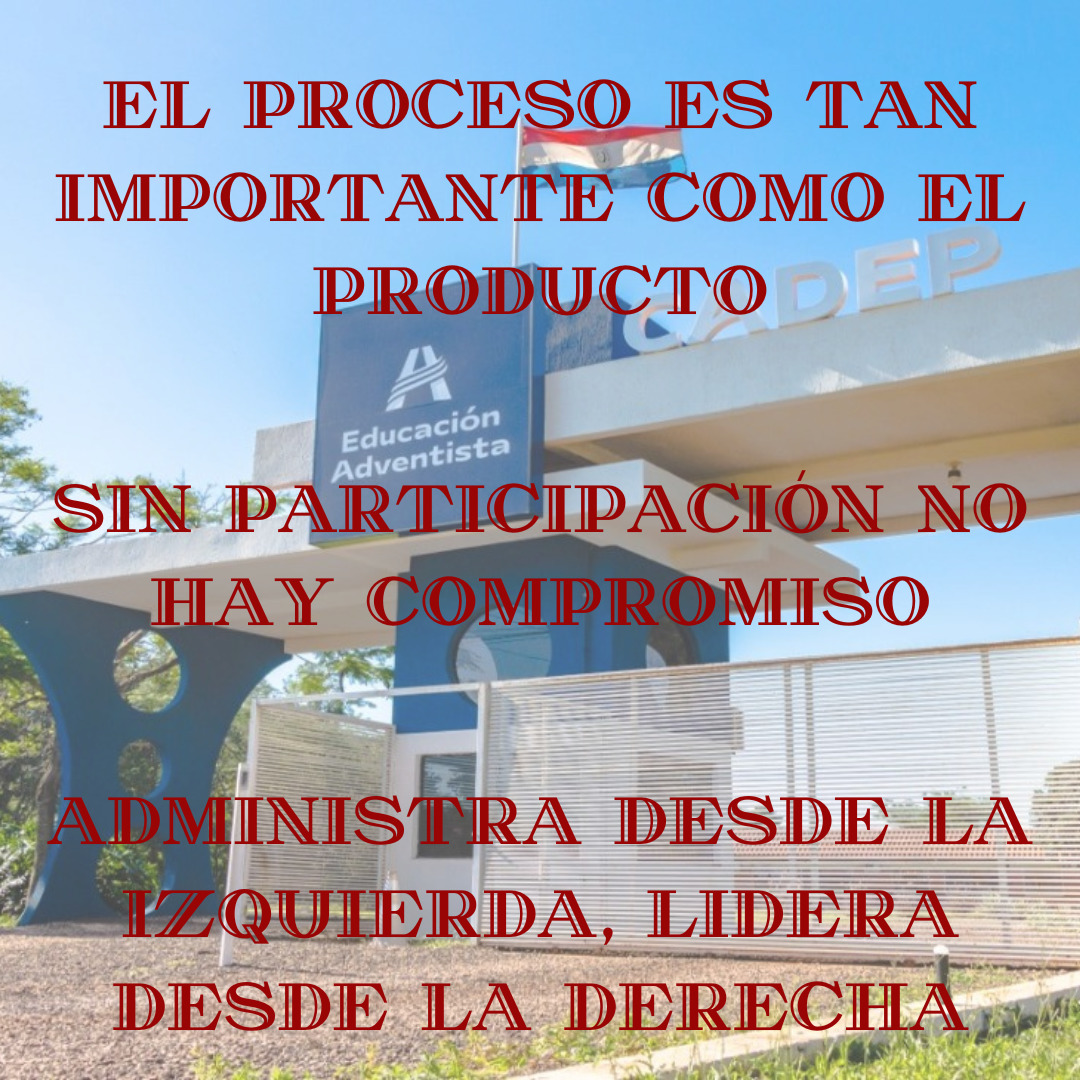 Modern building facade with red Spanish quote text overlaid on the image