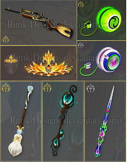 Grid of fantasy game weapons and items including rifle, crown, staff, orbs, and decorated sword