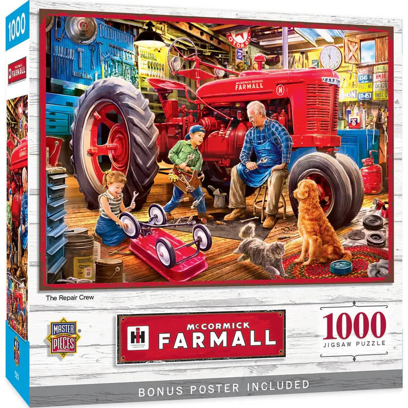 Illustration of a red Farmall tractor in a farm workshop with people, a dog, and cats
