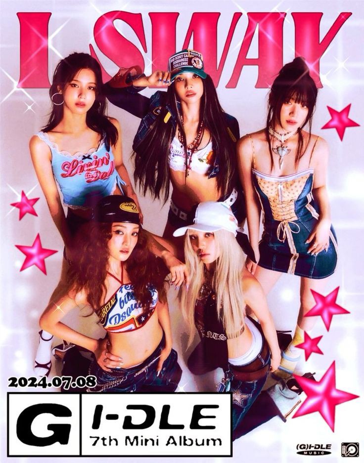 Five women in casual streetwear pose for K-pop album cover with pink stars and bold I SWAY text