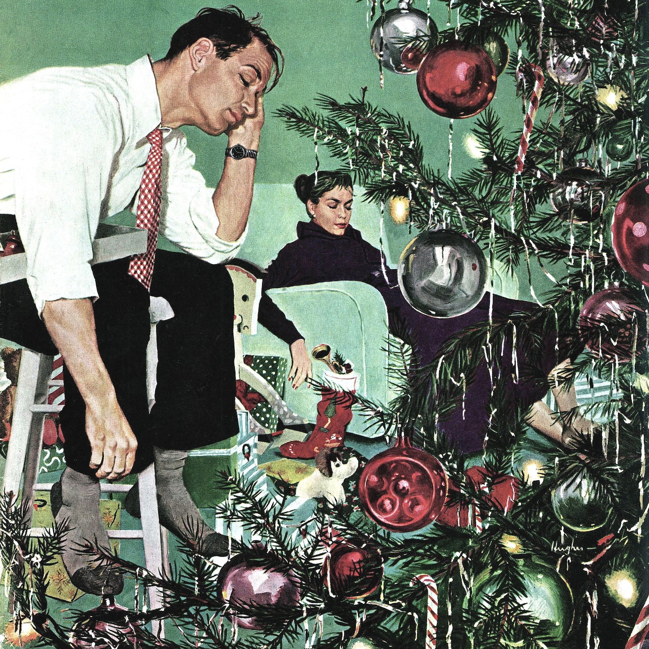 Father and child decorating Christmas tree with colorful ornaments in 1940s interior