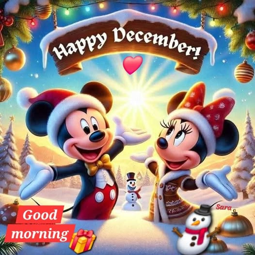 Mickey and Minnie Mouse in Santa hats with snowmen and holiday decorations