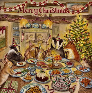 Forest animals celebrating Christmas dinner together at a table laden with festive food, decorated tree in background