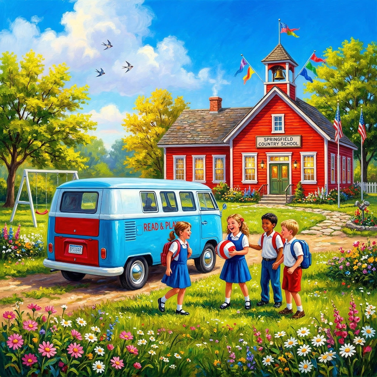 Children with backpacks standing near a vintage van in front of a red one-room schoolhouse with flower gardens