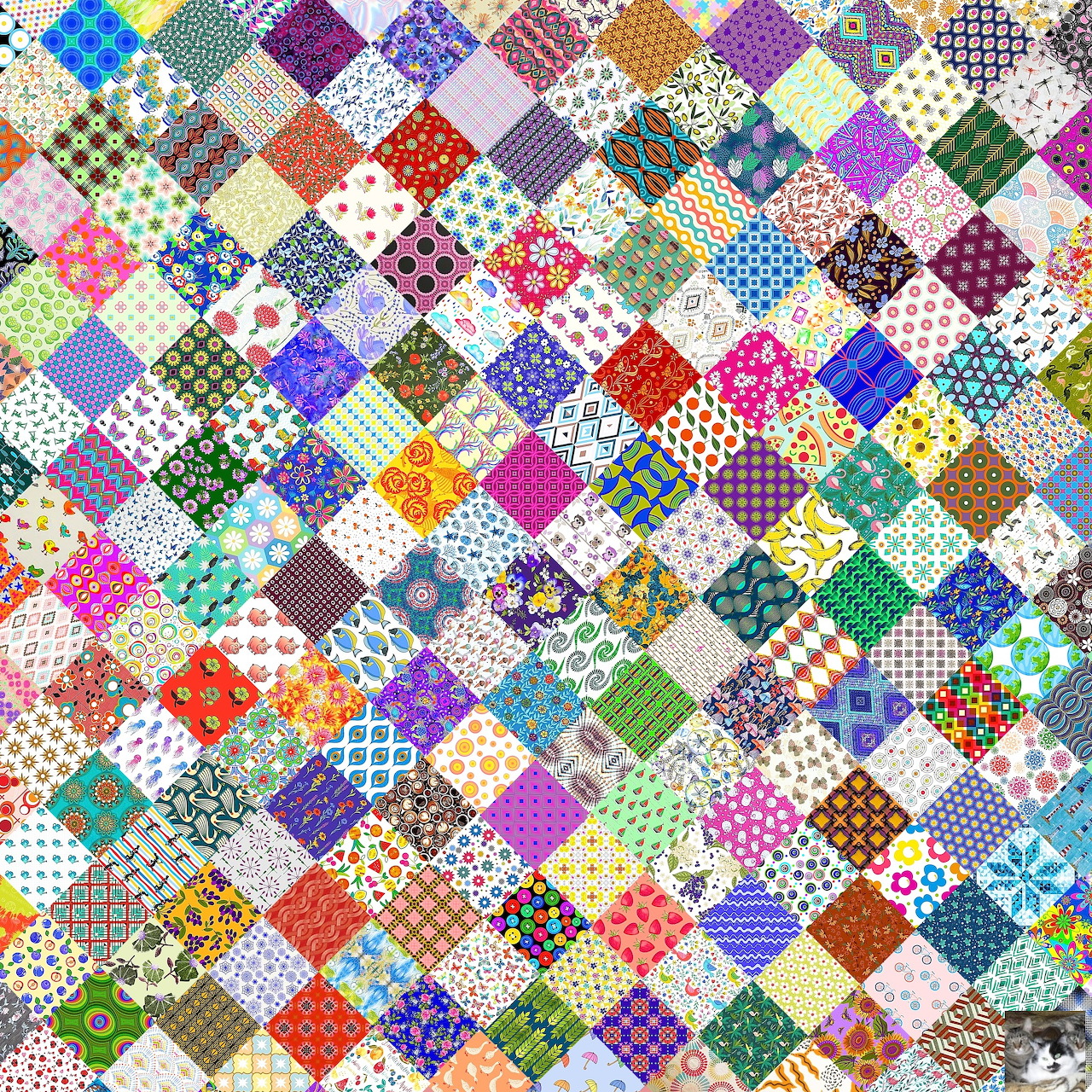 Colorful quilt with diamond patches in varied patterns and prints arranged diagonally across the entire surface