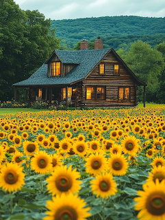 Sunflower Field Log Cabin