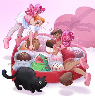 Two cartoon fairy girls with sweets beside a black cat and green plush toy
