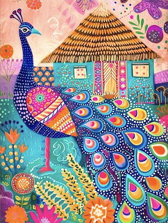 Colorful folk art peacock with ornate tail feathers next to tropical thatched hut with flowers