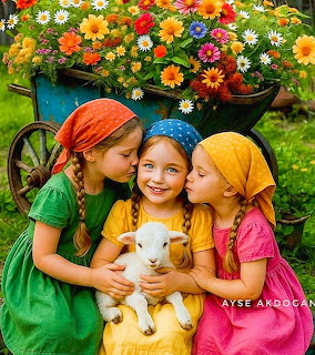 Three little girls kissing while holding a white lamb beside a cart full of flowers