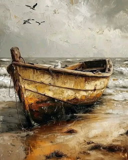 Oil painting of an old weathered wooden boat on a sandy shore with seagulls and waves in the background