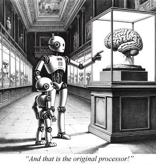 Robot standing in museum hall looking at preserved brain in display case