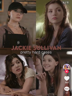 Four-panel collage of a young woman in different scenes from a TV show with text overlay Jackie Sullivan