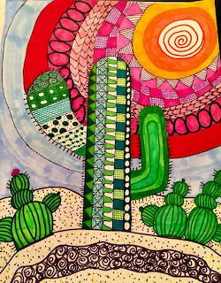 Colorful abstract drawing of cacti in a patterned desert with spirals and geometric shapes