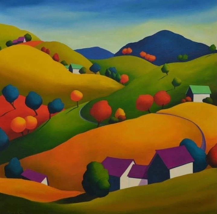 Colorful painted landscape with rolling hills, trees, houses, and distant blue mountains