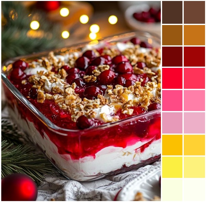 Layered cranberry dessert with crumble topping in glass baking dish surrounded by Christmas decorations