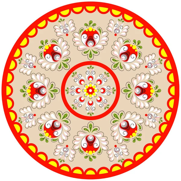 Circular mandala with Russian folk art patterns in red, yellow, and beige with symmetrical floral designs