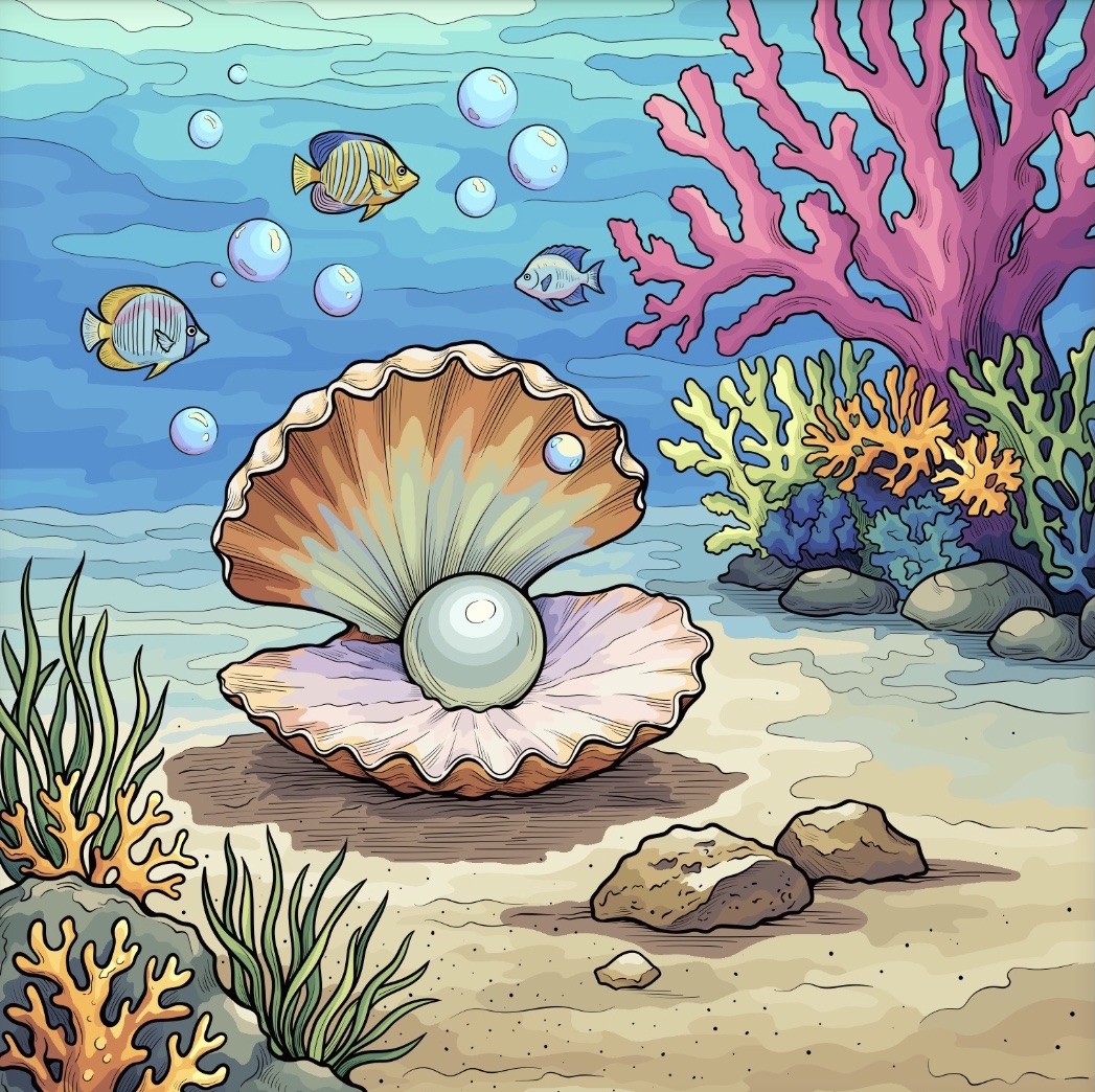 Illustrated oyster with a pearl on the seafloor beside coral and small fish