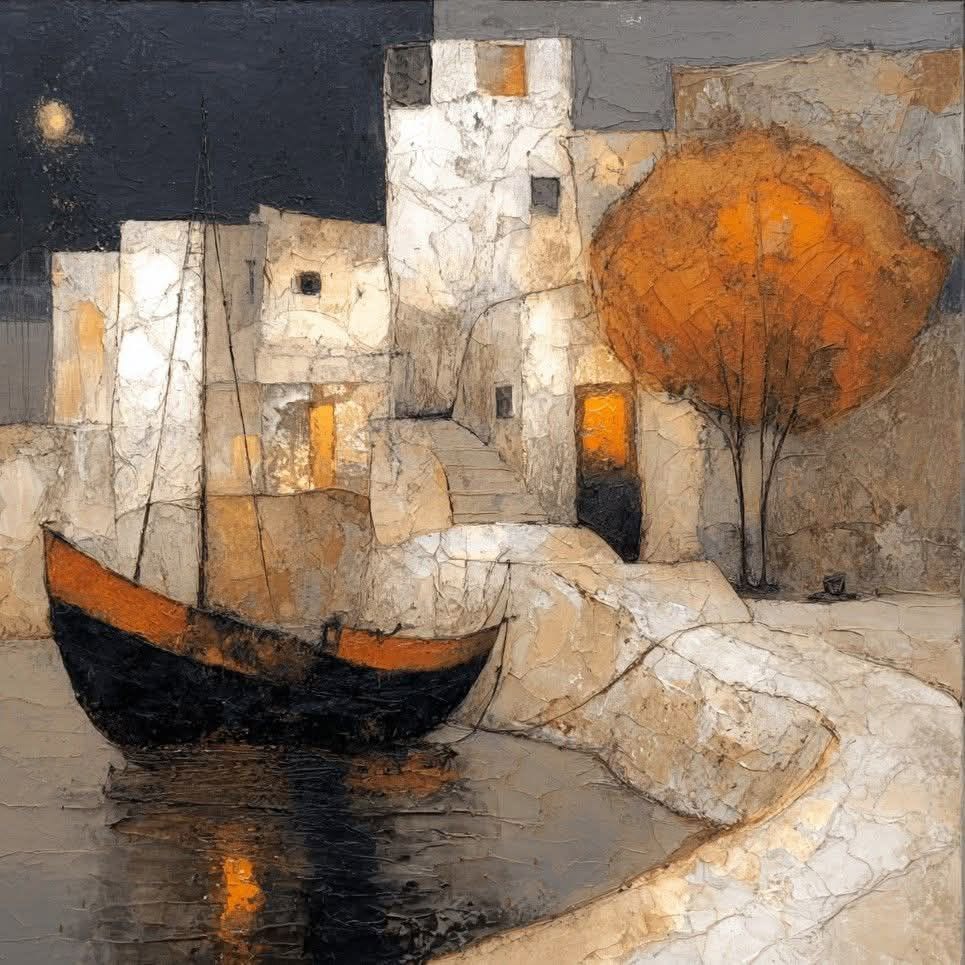 Abstract painting of a small boat by pale buildings and an orange tree beside dark water
