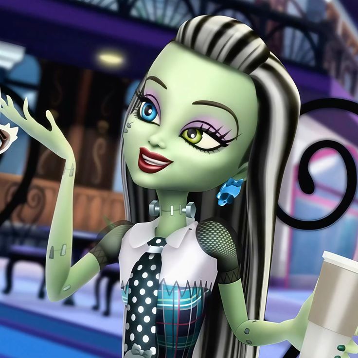 Green character doll with striped hair and blue eyes smiling