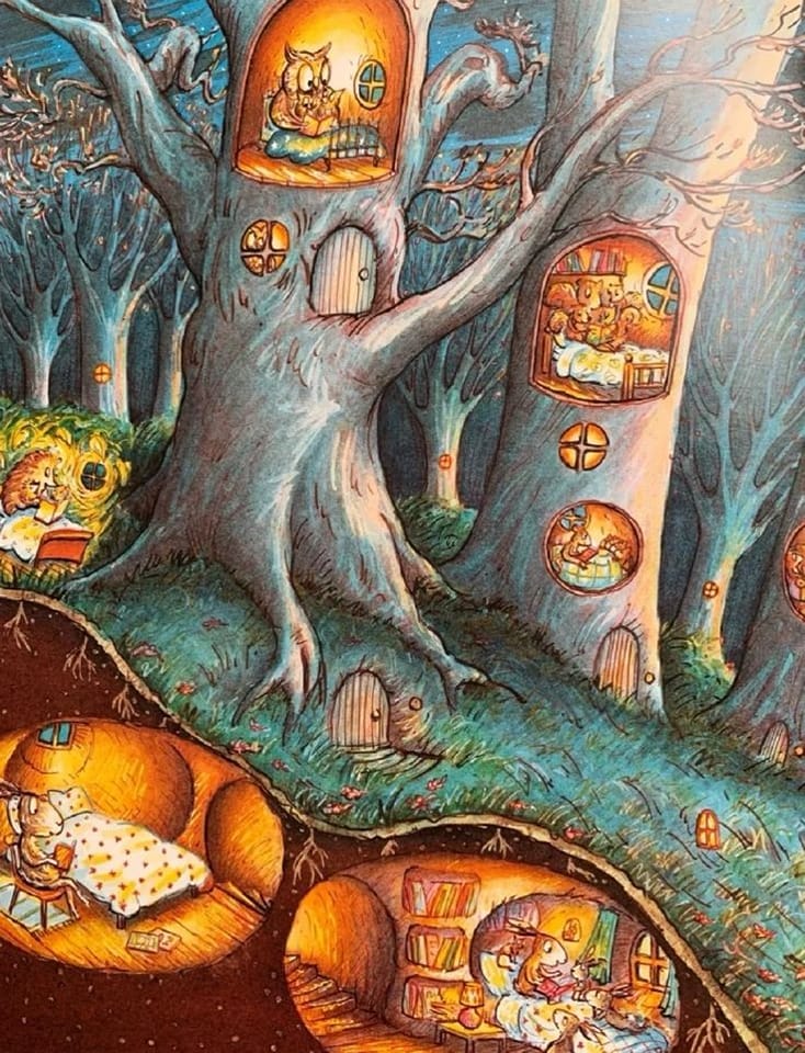 Cozy tree house village with forest animals in glowing burrows and windows at night