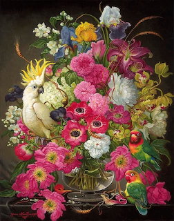 Colorful still life painting with white cockatoo, lovebird, and elaborate flower arrangement in glass vase