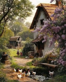Rustic thatched cottage with purple flowers, chickens near pond, surrounded by garden and trees