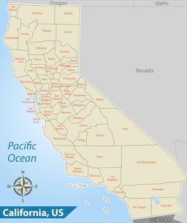 Illustrated map of California with county names, neighboring states, and the Pacific Ocean