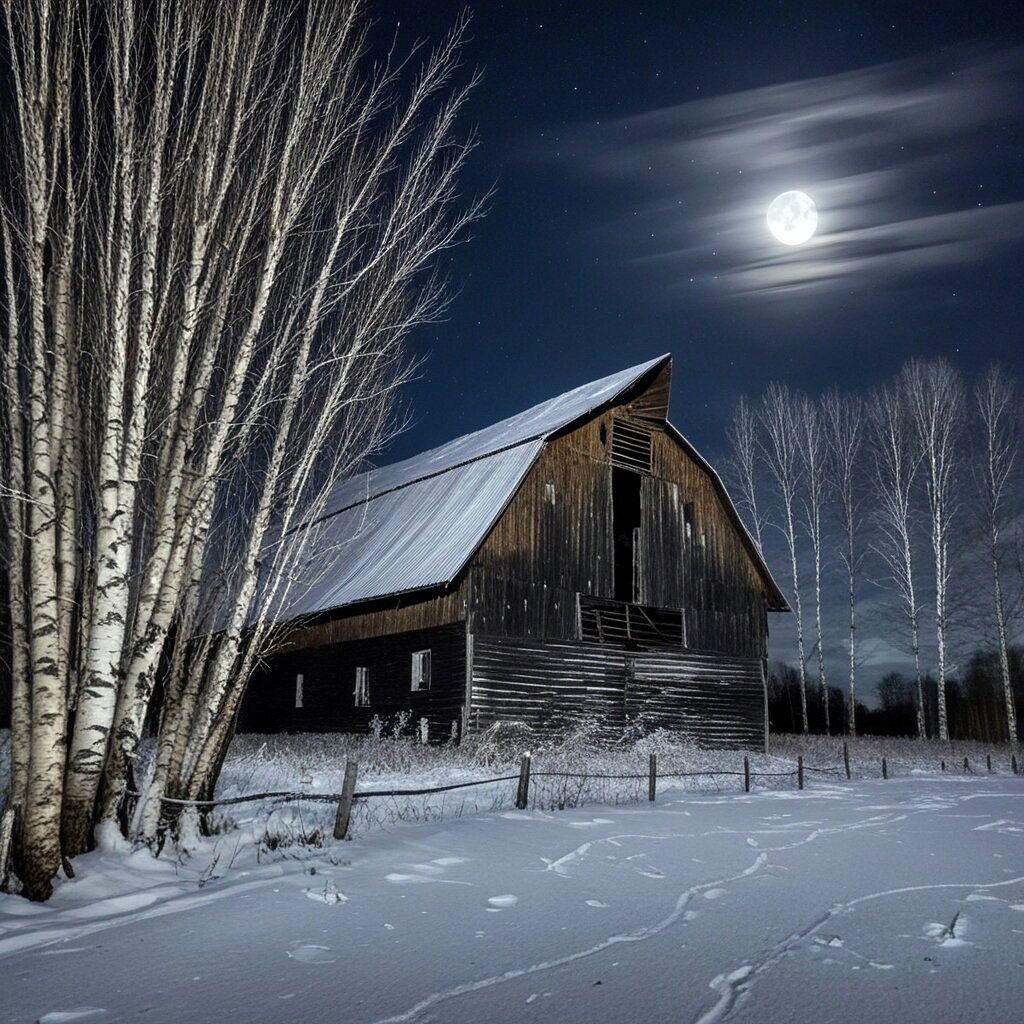 Old wooden barn in snow under full moon with bare birch trees at night