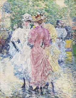 Impressionist painting of women in colorful dresses and hats walking and talking on a sunlit avenue