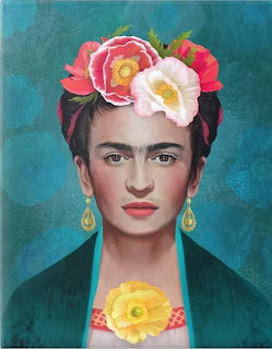 Painting of Frida Kahlo with pink and white flowers in her hair against a teal background